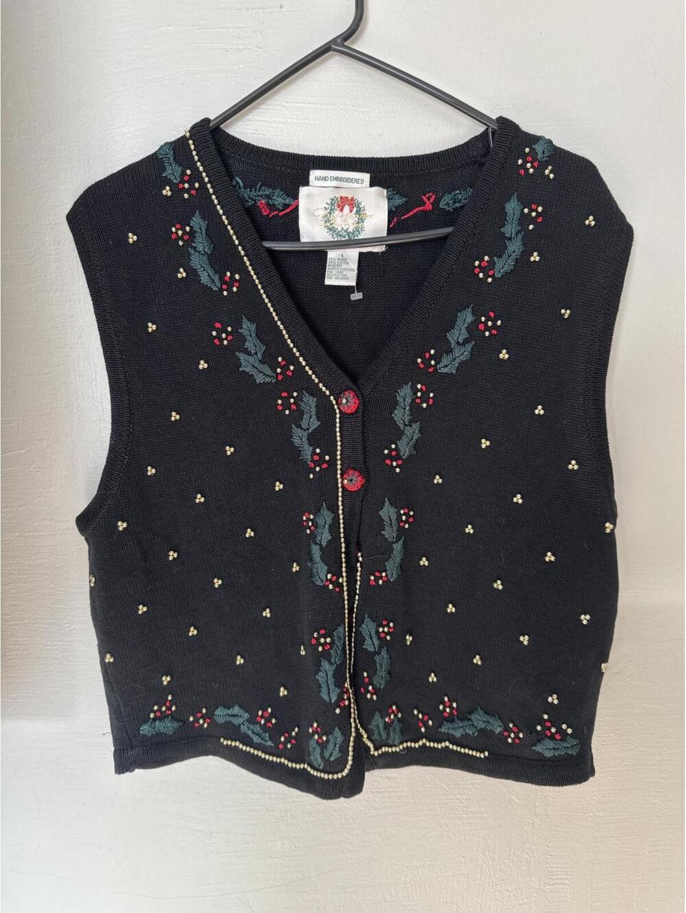 Vintage Christopher & Banks Hand Embroidered Christmas Vest Holly Beads Sz L